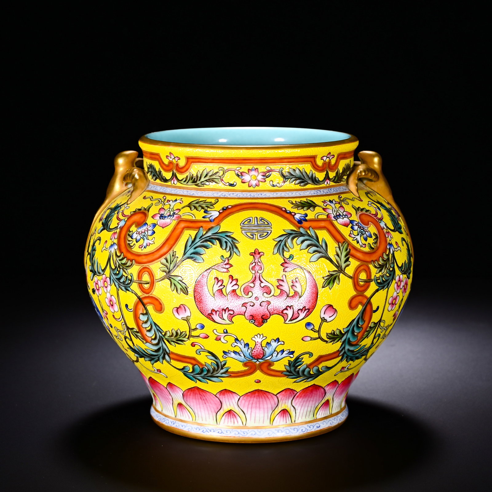 QING QIANLONG YELLOW GROUND POLYCHROME DOUBLE SWALLOW EAR JARS WITH LONGEVITY AND HAPPINESS PATTERNS (1 of 6)