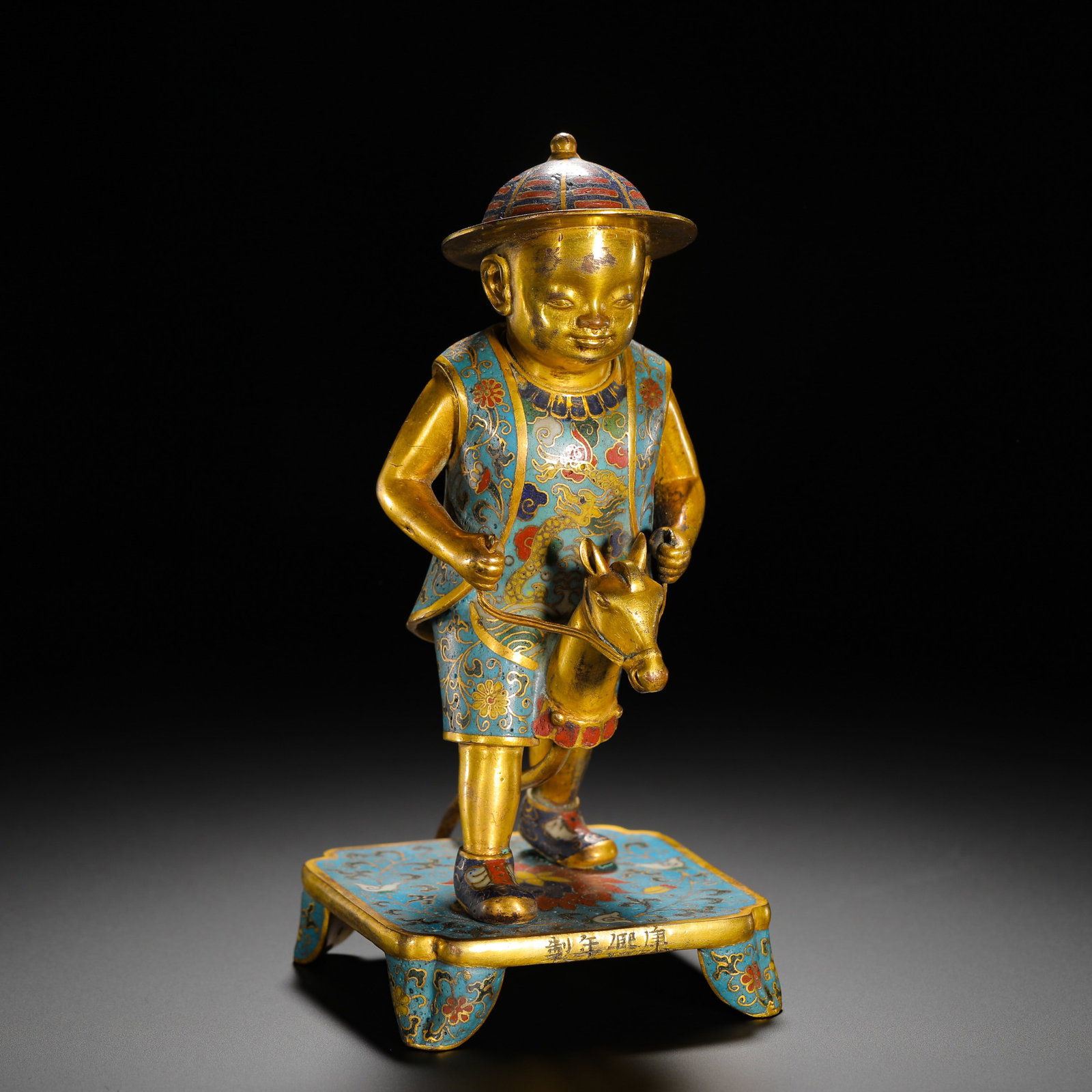 QING DYNASTY KANGXI BRONZE GILT CLOISONNE BOY LEADING A HORSE (1 of 11)