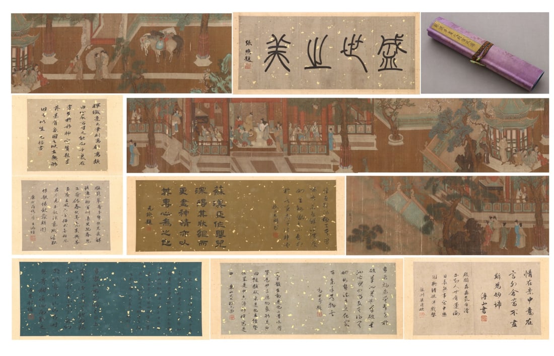 SONG SU HANCHEN'S "THE GREAT MING PALACE GARDEN": SONG SU HANCHEN'S "THE GREAT MING PALACE GARDEN". L:740cm(291.34in) W:34cm(13.39in) This is a figure story handscroll with heavy color meticulous painting on silk, attributed to Su Hanchen of the Song