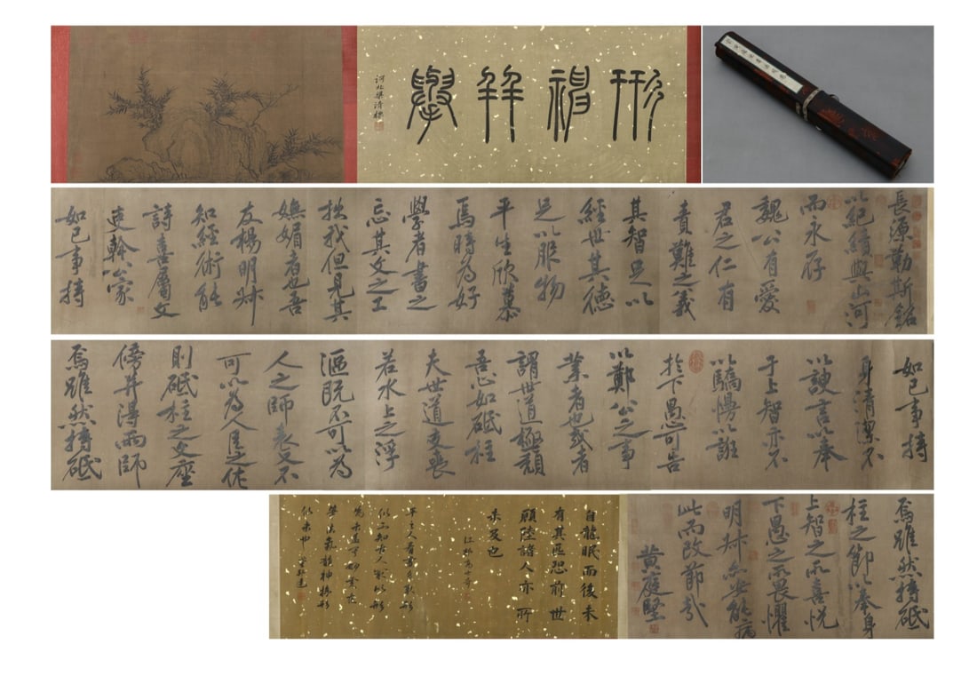 SONG DYNASTY HUANG TINGJIAN (1045-1105) RUNNING SCRIPT "LIU GONGQUAN'S MOTTO" CALLIGRAPHY SCROLL: SONG DYNASTY HUANG TINGJIAN (1045-1105) RUNNING SCRIPT "LIU GONGQUAN'S MOTTO" CALLIGRAPHY SCROLL. L:910cm(358.27in) W:52cm(20.47in) Large running script scroll on aged silk, attributed to Huang