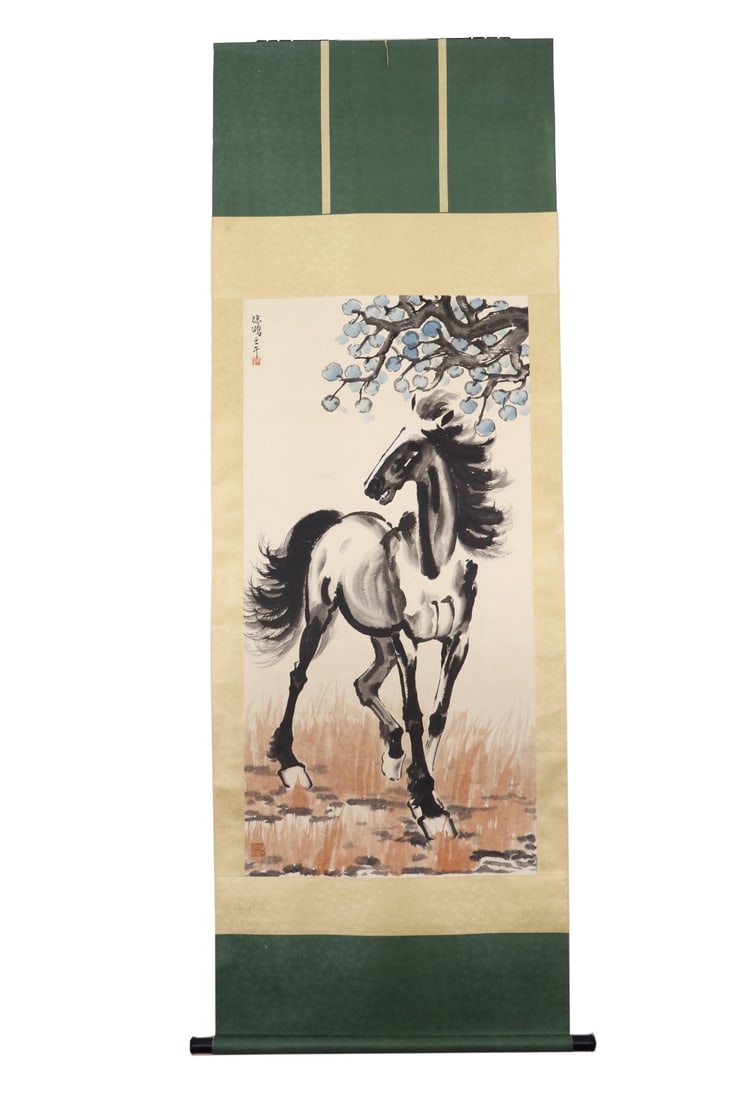 XU BEIHONG (1895-1953) BLUE CYPRESS AND HORSE PAINTING ON PAPER WITH COLOR ON A VERTICAL SCROLL: XU BEIHONG (1895-1953) BLUE CYPRESS AND HORSE PAINTING ON PAPER WITH COLOR ON A VERTICAL SCROLL. L:139cm(54.72in) W:69cm(27.17in)Vintage two-tone silk brocade mounting: dark green silk for top and bot