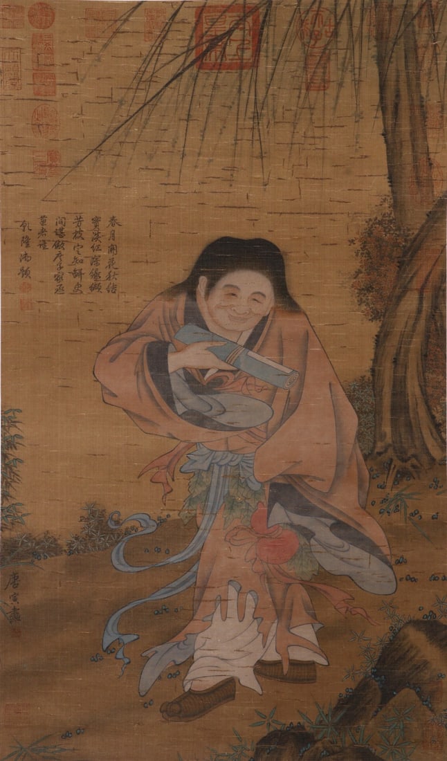 MING DYNASTY TANG YIN (1470-1524) LIU HAI PLAYING WITH A GOLDEN TOAD CHARACTER STANDING SCROLL: MING DYNASTY TANG YIN (1470-1524) LIU HAI PLAYING WITH A GOLDEN TOAD CHARACTER STANDING SCROLL. H:83cm(32.68in) W:49cm(19.29in)Vertical scroll of Liu Hai Playing with Golden Toad by Tang Yin,