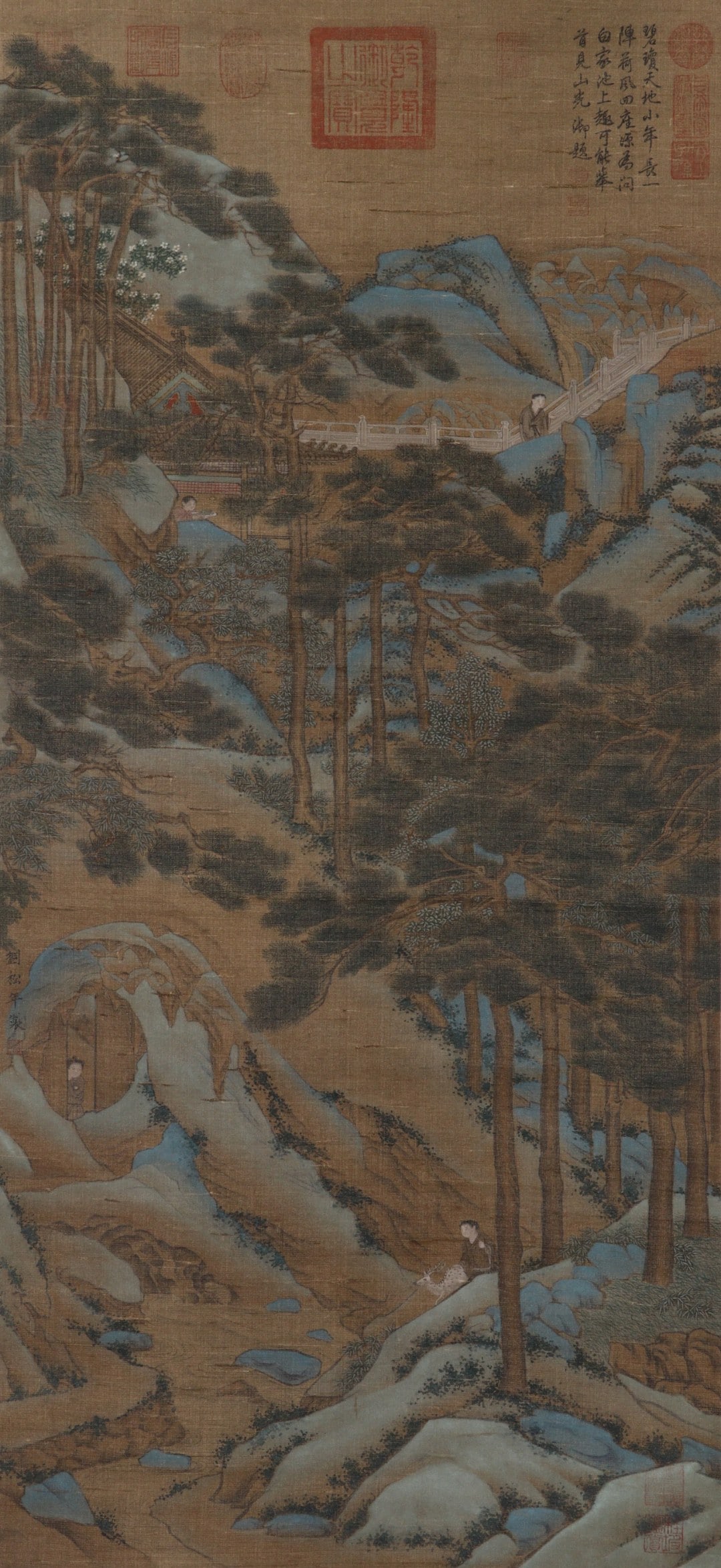 LIU SONGNIAN OF THE SONG DYNASTY, A VERTICAL SCROLL DEPICTING GREEN AND BLUE LANDSCAPES: LIU SONGNIAN OF THE SONG DYNASTY, A VERTICAL SCROLL DEPICTING GREEN AND BLUE LANDSCAPES. H:98cm(38.58in) W:46cm(18.11in)Vertical blue-green landscape scroll by Liu Songnian with layered mountain