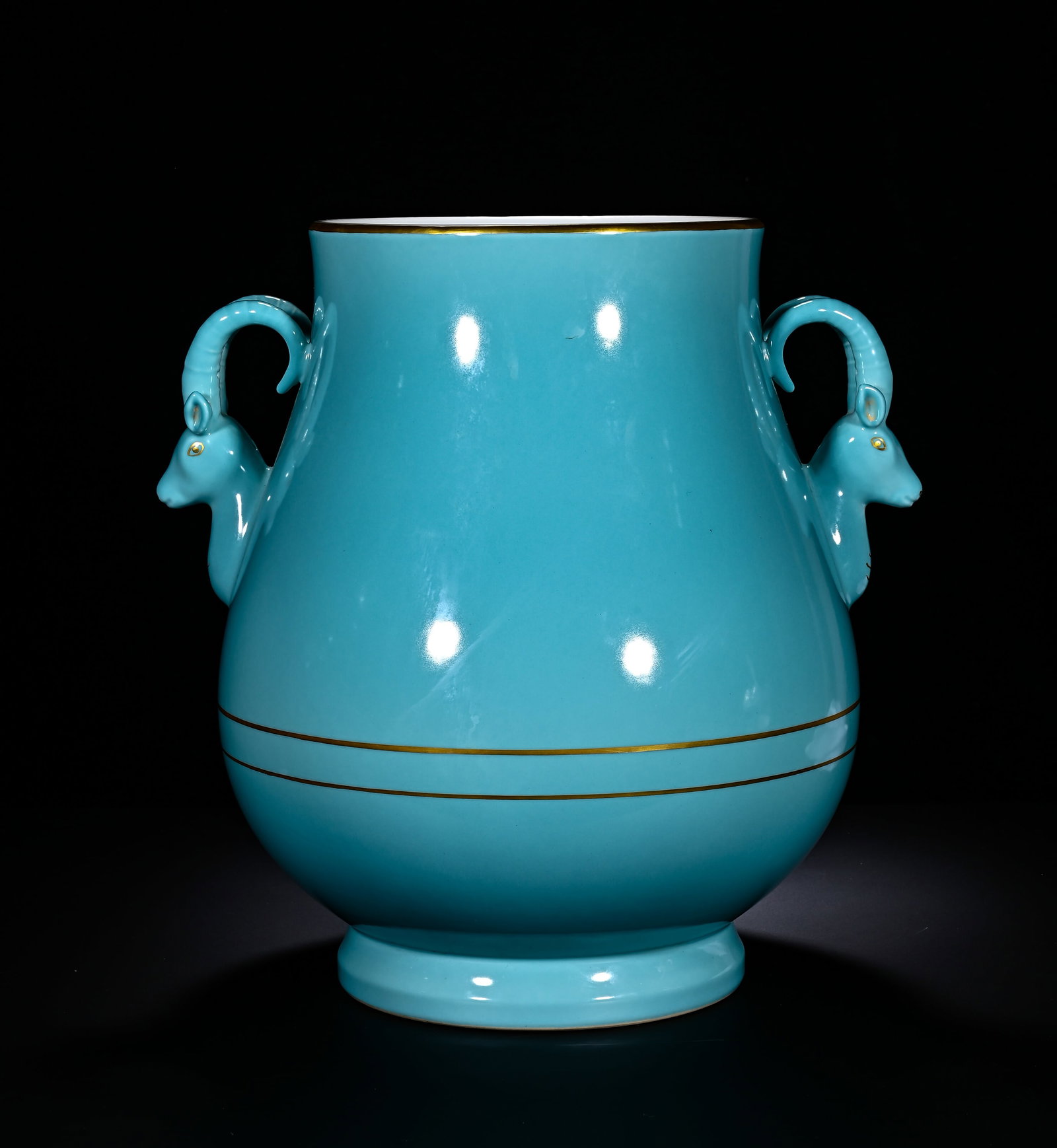 QING YONGZHENG TURQUOISE GREEN GLAZE GILDED DOUBLE SHEEP EAR VASE: QING YONGZHENG TURQUOISE GREEN GLAZE GILDED DOUBLE SHEEP EAR VASE. Height:32cm(12.60in), Diameter:28cm(11.02in)This is a Yongzheng-period turquoise-green glazed gilded vase with double goat-head