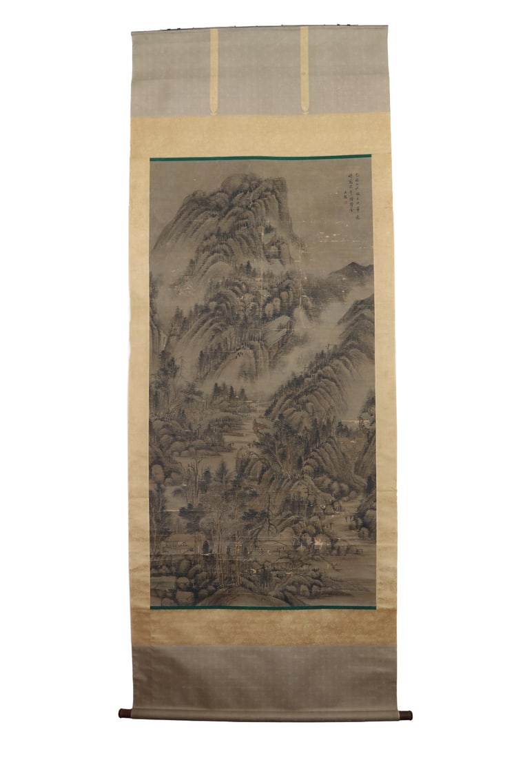 WANG JIAN (1598-1677) OF THE QING DYNASTY, A VERTICAL SCROLL OF INK-WASH LANDSCAPE (1 of 9)