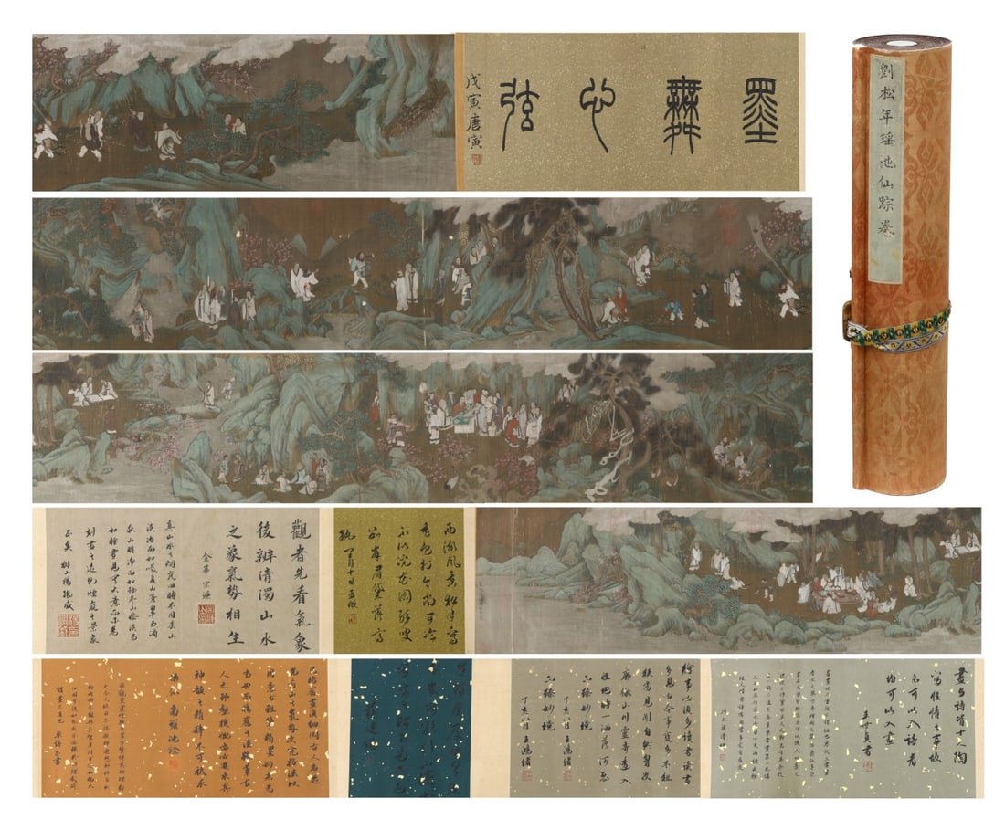 A LONG SCROLL OF GREEN AND BLUE LANDSCAPE AND FIGURE PAINTINGS BY LIU SONGNIAN OF THE SONG DYNASTY: A LONG SCROLL OF GREEN AND BLUE LANDSCAPE AND FIGURE PAINTINGS BY LIU SONGNIAN OF THE SONG DYNASTY. L:830cm(326.77in) W:34cm(13.39in) L:455cm(179.13in)Handscroll Immortal Traces of Jade Pond by Liu So