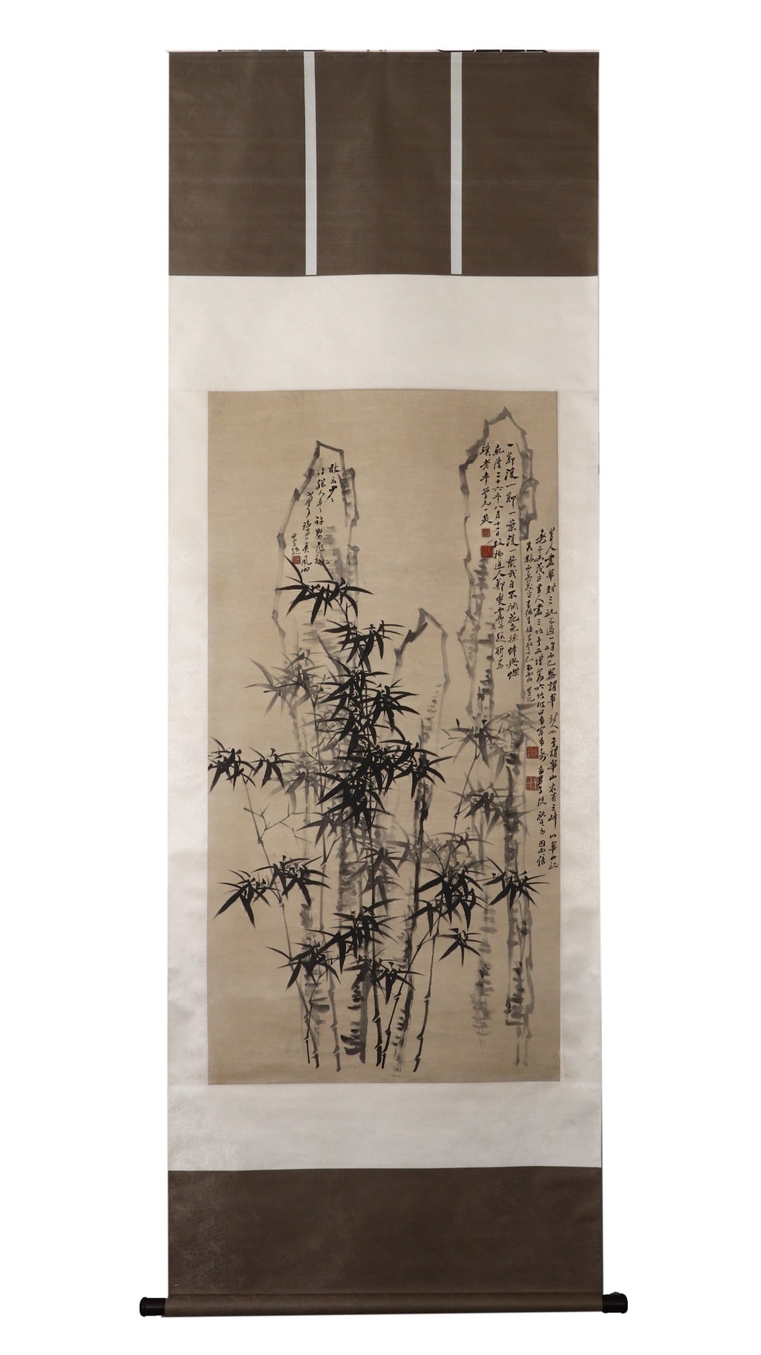 QING ZHENG BANQIAO (1693-1765) BAMBOO AND STONE VERTICAL SCROLL: QING ZHENG BANQIAO (1693-1765) BAMBOO AND STONE VERTICAL SCROLL. H:134cm(52.76in) W:68cm(26.77in)Vertical ink bamboo and rock scroll by Zheng Banqiao, featuring elegant jagged rocks and vigorous unres