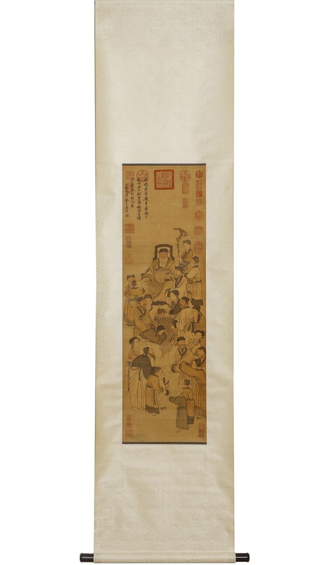 TANG YIN (1470-1524) OF THE MING DYNASTY, A PORTRAIT OF A GATHERING OF VIRTUOUS MEN: TANG YIN (1470-1524) OF THE MING DYNASTY, A PORTRAIT OF A GATHERING OF VIRTUOUS MEN. H:110cm(43.31in) W:33cm(12.99in)Vertical figure scroll of literati gathering by Tang Yin, with delicate vivid