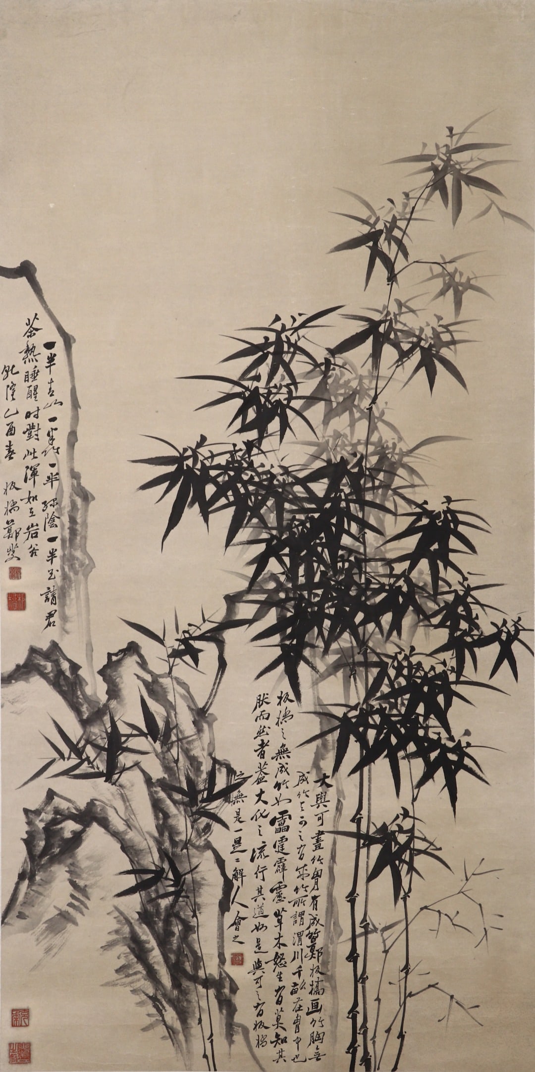 QING DYNASTY ZHENG BANQIAO (1693-1765) INK BAMBOO AND STRANGE STONE VERTICAL SCROLL: QING DYNASTY ZHENG BANQIAO (1693-1765) INK BAMBOO AND STRANGE STONE VERTICAL SCROLL. H:134cm(52.76in) W:68cm(26.77in)Vertical ink bamboo and rugged rock scroll by Zheng Banqiao, featuring jagged power
