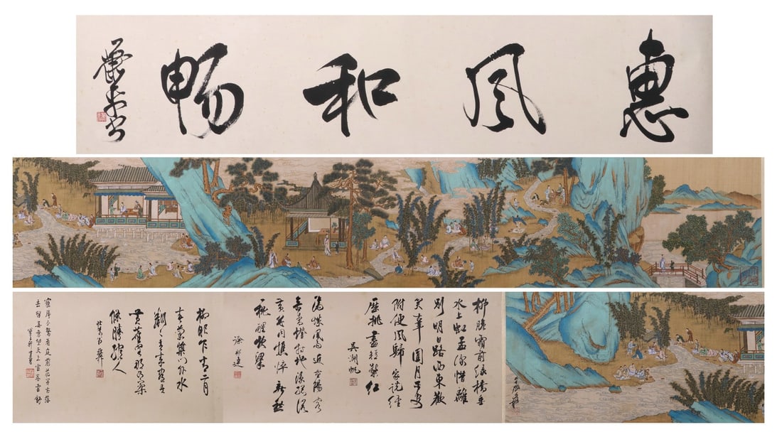 ZHANG DAQIAN (1899-1983) LANTING GATHERING: ZHANG DAQIAN (1899-1983) LANTING GATHERING. L:455cm(179.13in) W:34cm(13.39in) L:200cm(78.74in)Handscroll Gentle Spring Breeze by Zhang Daqian, meticulous heavy-color blue-green landscape on antique si