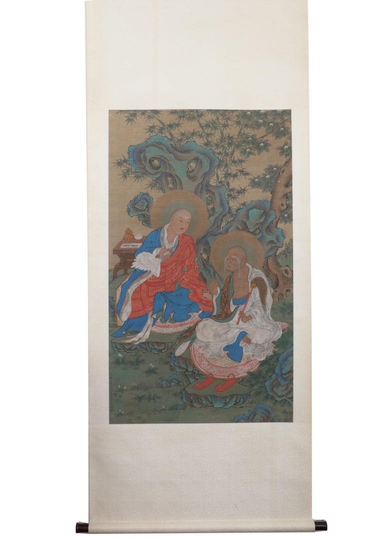 ILLUSTRATION OF THE DHARMA TEACHINGS OF THE ARHATS BY DING GUANPENG OF THE QING DYNASTY: ILLUSTRATION OF THE DHARMA TEACHINGS OF THE ARHATS BY DING GUANPENG OF THE QING DYNASTY. H:126cm(49.61in) W:74cm(29.13in)Vertical silk scroll of two arhats debating Dharma by Ding Guanpeng, meticulous