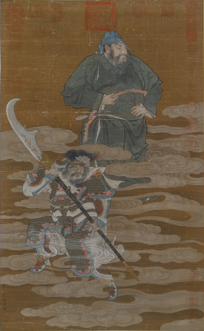 YUAN ZHAOMENGFU (1254-1322) GUAN GONG ZHOU CANG ANCIENT SILK FIGURE VERTICAL SCROLL (1 of 7)