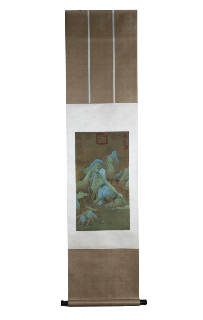 A VERTICAL SCROLL OF GREEN AND BLUE LANDSCAPE ON SILK BY QIU YING OF THE MING DYNASTY (C. 1498-1552): A VERTICAL SCROLL OF GREEN AND BLUE LANDSCAPE ON SILK BY QIU YING OF THE MING DYNASTY (C. 1498-1552). H:63cm(24.80in) W:34cm(13.39in)Vertical blue-green landscape scroll on silk by Qiu Ying,