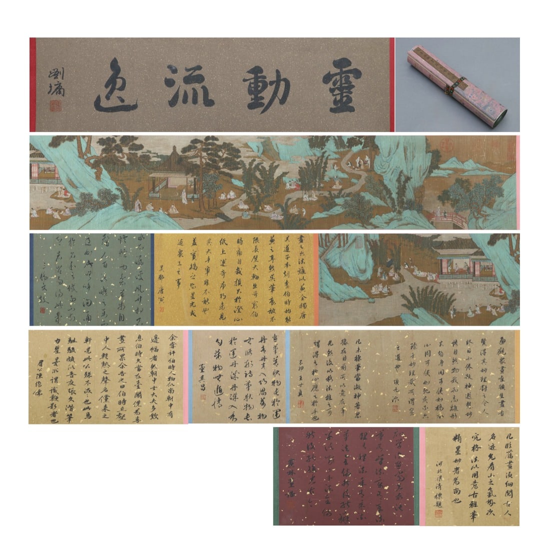 A PAINTING OF THE ELEGANT GATHERING AT THE ORCHID PAVILION BY LI GONGLIN OF THE SONG DYNASTY: A PAINTING OF THE ELEGANT GATHERING AT THE ORCHID PAVILION BY LI GONGLIN OF THE SONG DYNASTY (1049-1106). L:720cm(283.46in) W:38cm(14.96in) L:200cm(78.74in)Silk handscroll of blue-green landscape and