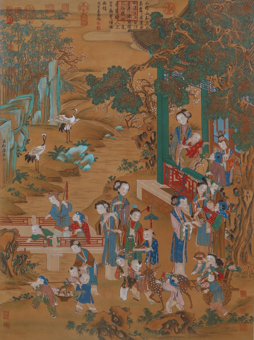 THE MING DYNASTY'S TANG YIN (1470-1524) JI QING SCROLL: THE MING DYNASTY'S TANG YIN (1470-1524) JI QING SCROLL. H:132.5cm(52.17in) W:98cm(38.58in)Vertical heavy-color figure scroll on silk by Tang Yin, depicting ladies and children playing in courtyard wit