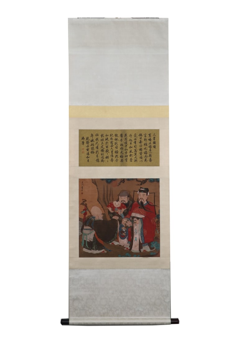 MING TANG YIN (1470-1524) THREE STARS OF HAPPINESS, PROSPERITY AND LONGEVITY STANDING SCROLL: MING TANG YIN (1470-1524) THREE STARS OF HAPPINESS, PROSPERITY AND LONGEVITY STANDING SCROLL. H:49cm(19.29in) W:48cm(18.90in)Vertical heavy-color silk scroll Three Star Gods by Tang Yin, depicting