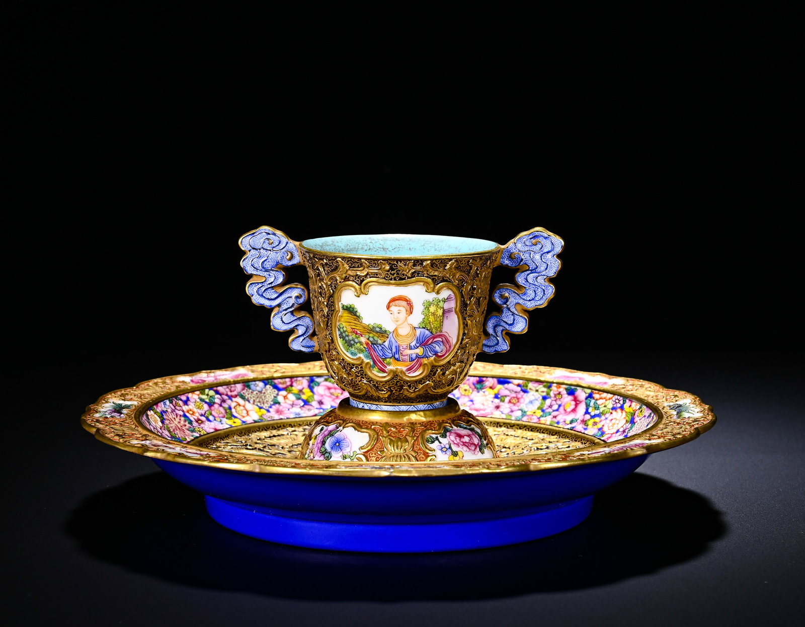 QING DYNASTY QIANLONG ENAMEL OPENING WESTERN FIGURE DOUBLE-EARED CUP HOLDER (1 of 6)