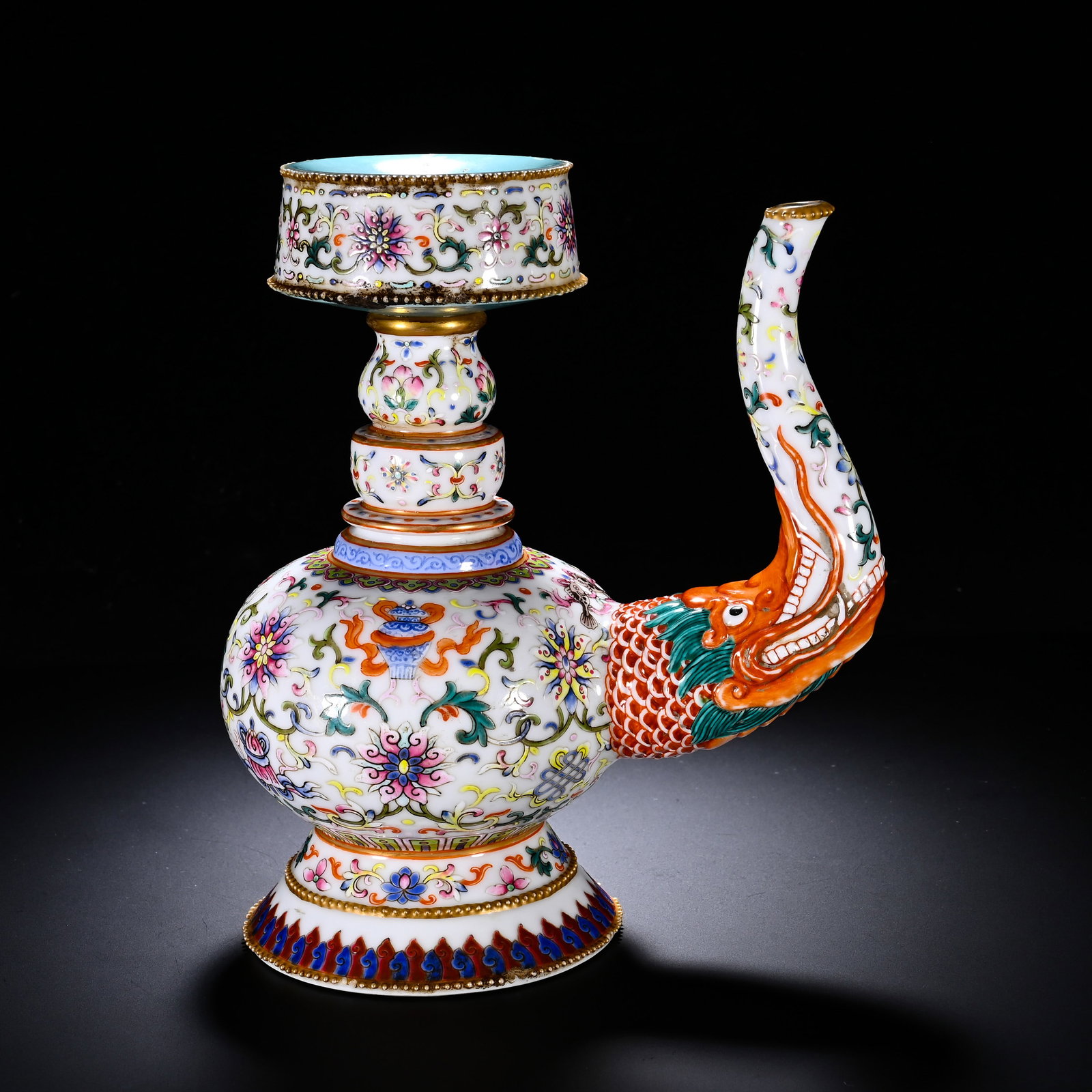 QING DYNASTY PASTEL LOTUS EIGHT TREASURES PATTERNED BAMBA POT: QING DYNASTY PASTEL LOTUS EIGHT TREASURES PATTERNED BAMBA POT. Height:21cm(8.27in), Width:17cm(6.69in)A Tibetan-Buddhist ritual pengba ewer with elaborate well-proportioned form. Composed of flared