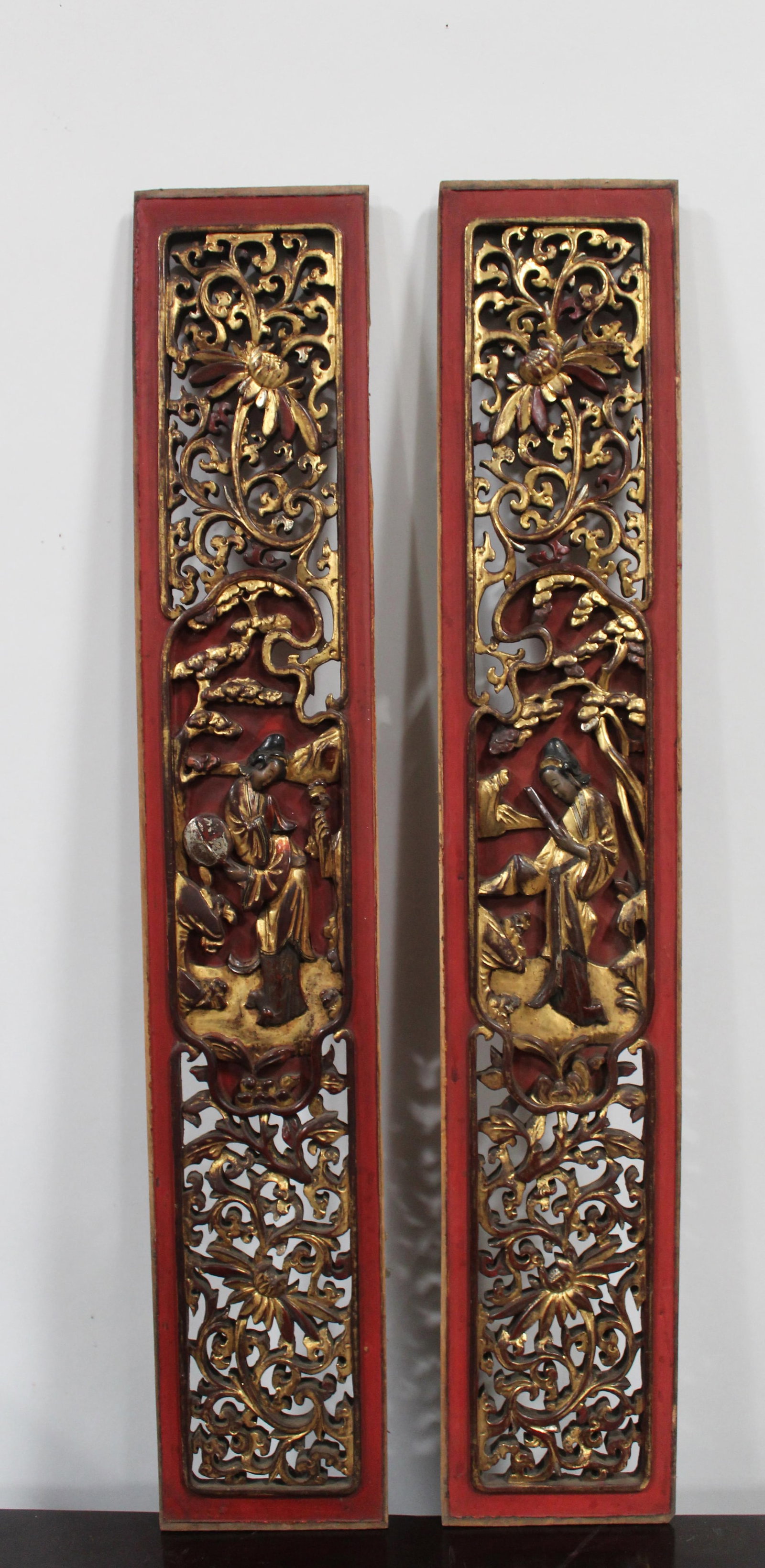 A Pair of Chinese Carved Wooden Gilt Gold Plaque: A Pair of Chinese Carved Wooden Gilt Gold Plaque. Height: 28.5" Width: 4.75"