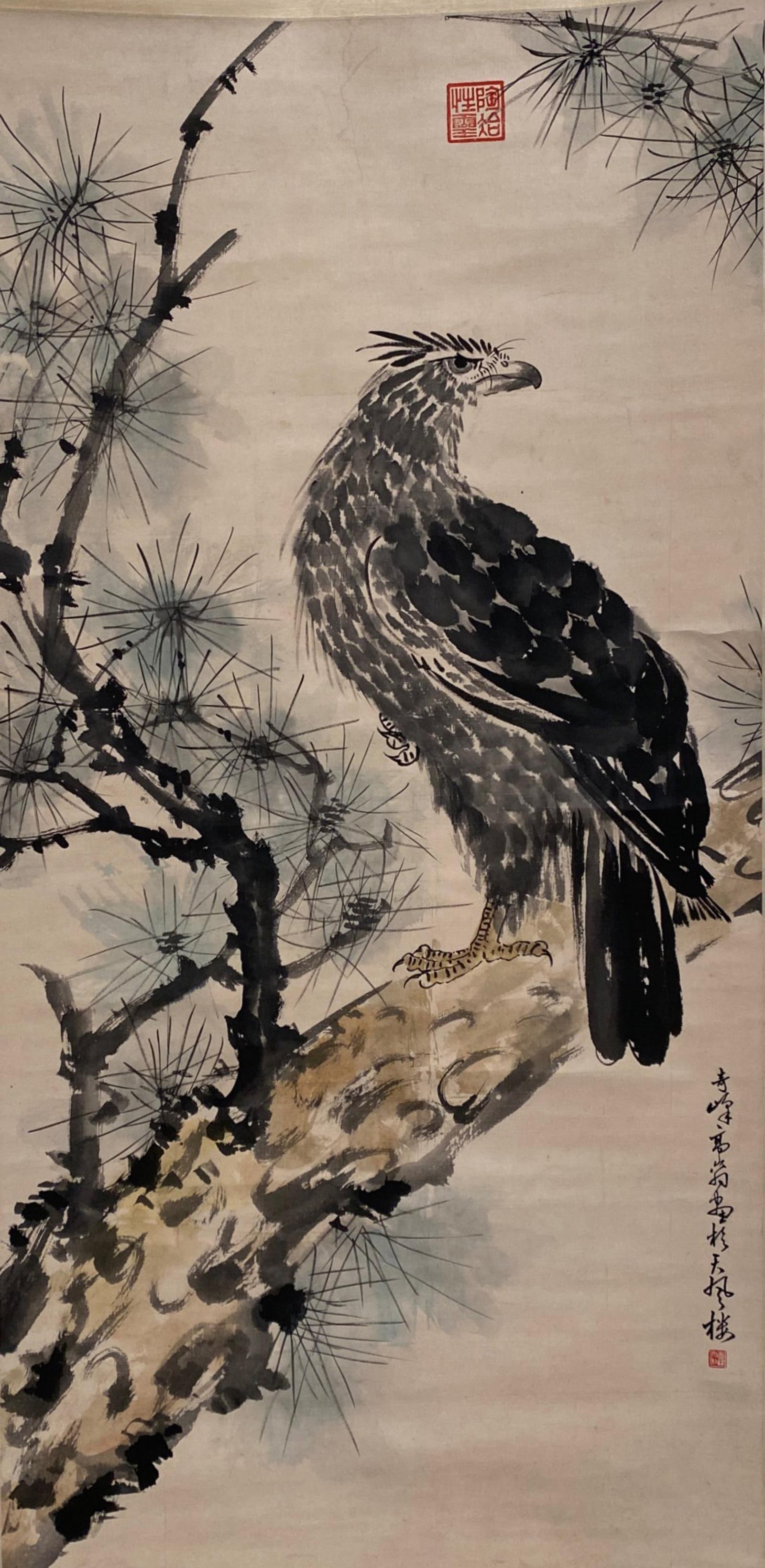 Chinese Hanging Scroll Painting: Ink and color on paper, depicting an eagle, signed with seal attributed to Gao Qi Feng. Length: 19" Height: 38.5"