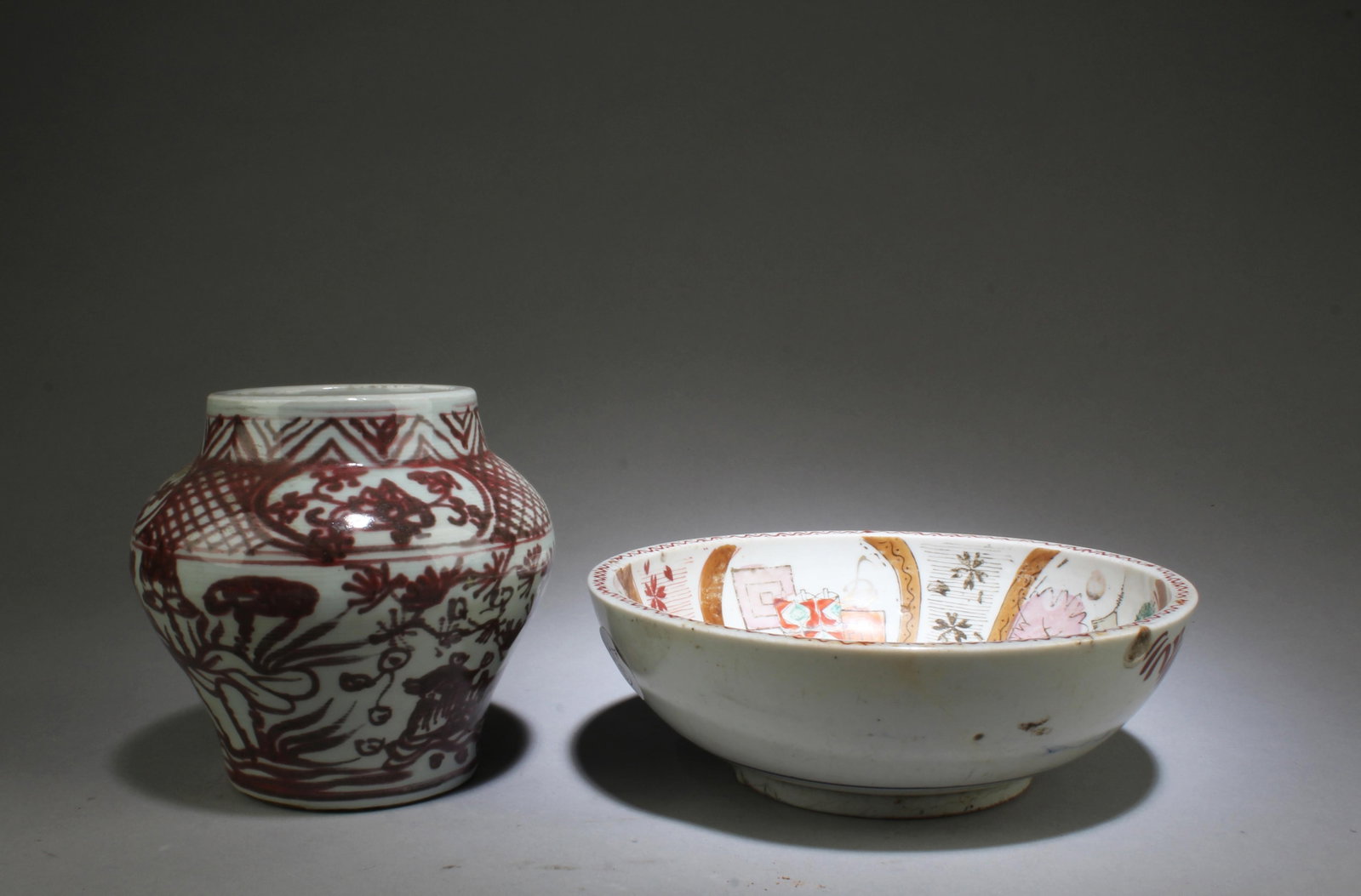 A Group of Two Porcelain Ornament: A Group of Two Porcelain Ornament. Height: 4.75" (Jar) Diameter: 7.5" (Bowl)