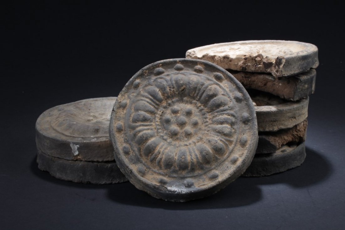 Eight Antique Korean Style Roof Tiles: A Group of Eight antique Korean Style round shaped Roof Tiles. Diameter: 6 "