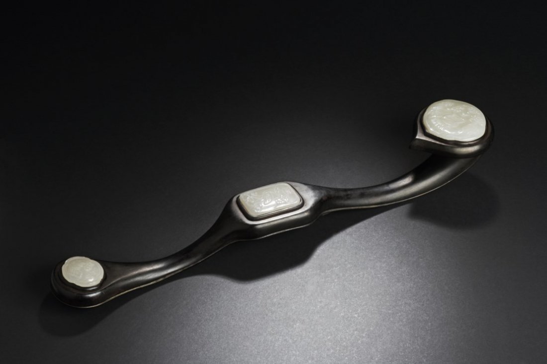 Chinese Hardwood Ruyi Scepter with Jade Inlay: Chinese Hardwood Ruyi Scepter with Jade Inlay. Length: 20 "