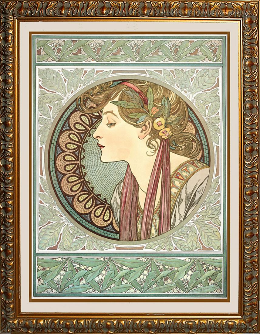 Laurel After Alphonse Mucha: After Mucha Laurel. Alphonse Mucha Approx 30x40 inches. Ink on canvas. Custom framed.