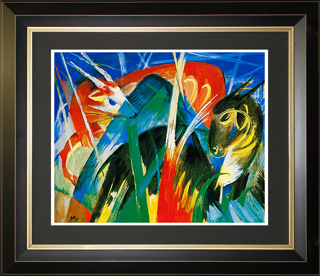 Limited Edition Animaux Fabuleaux on canvas Abstract: After Franz Marc Animaux Fabuleaux Limited edition ink on archival paper. The signature is in the plate. Approx 26 x 30. Custom framed. Includes certificate of authenticity.