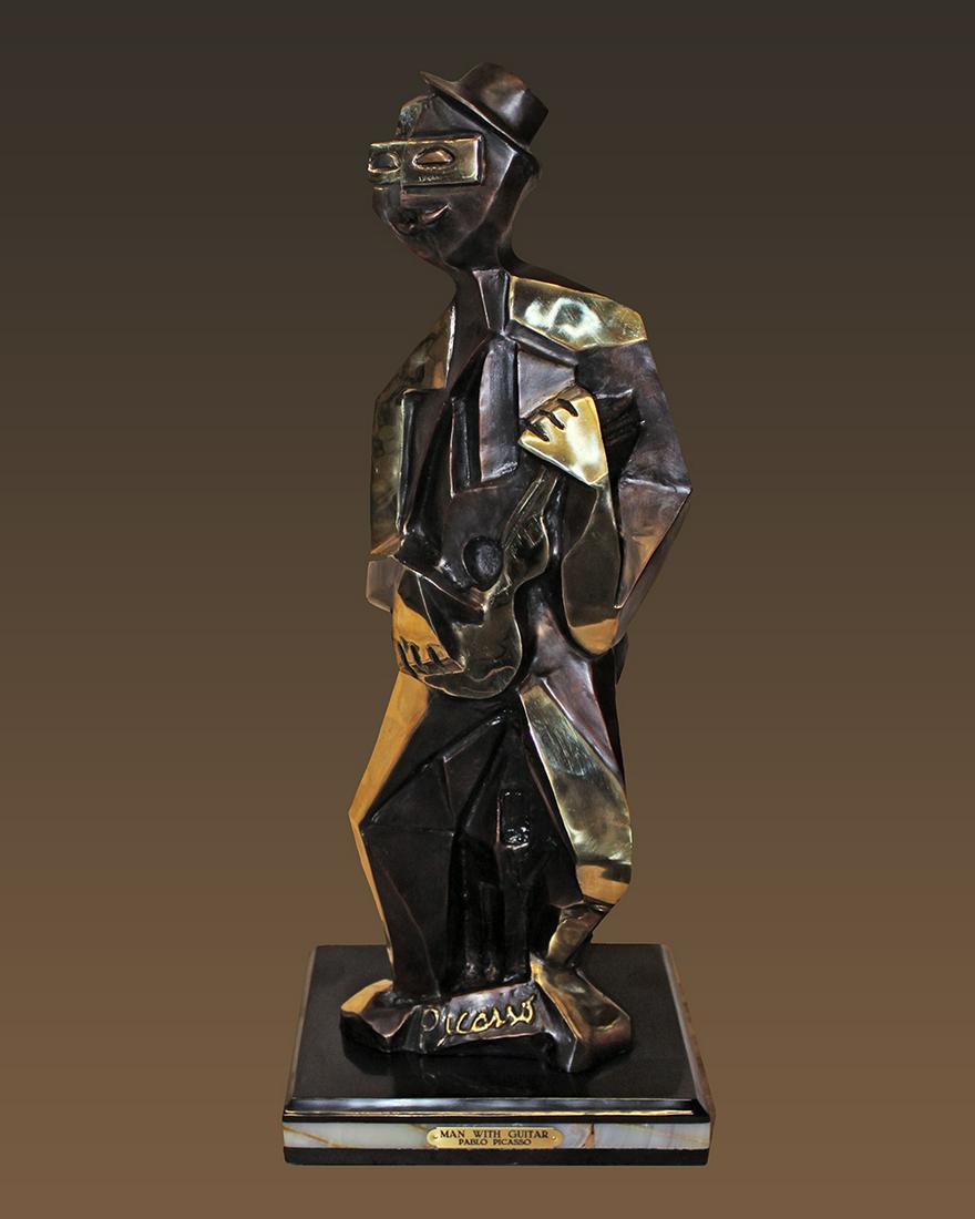 Pablo Picasso Guitar Man Patinated Bronze Sculpture (1 of 1)