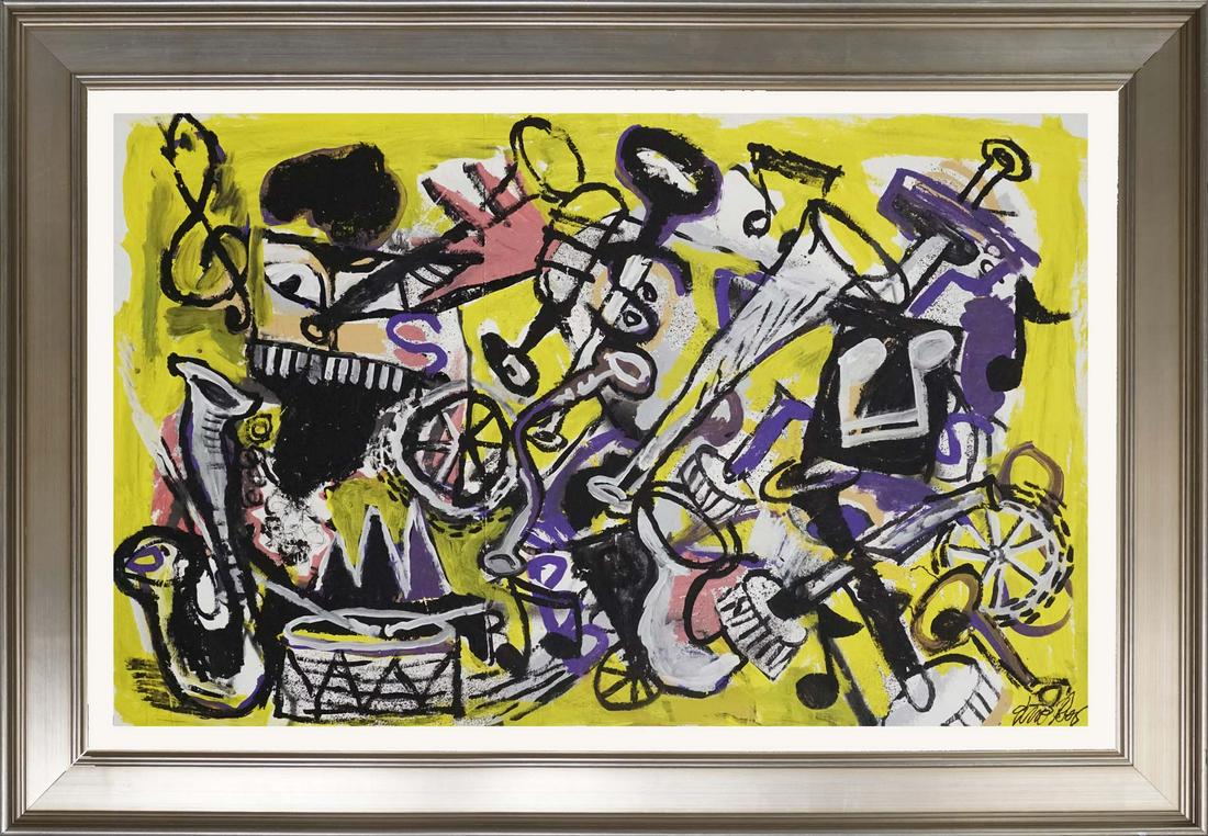 Original on canvas Gino Perez Abstract: Original by Gino Perez Hand signed by the artist. One of a kind original Approx 24x46 inches Custom framed. Includes certificate