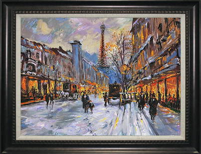 Michael Schofield-Hand Embellished Canvas-Downtown Paris: Michael Schofield- Hand Embellished, Limited Edition of 25 Downtown Paris- Includes certificate of authenticity. Hand signed by the artist. Custom framed.