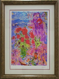 Marc Chagall Limited Edition Red Bouquet with Lovers: Red Bouquet with Lovers-Marc Chagall. Limited Edition lithograph on paper. The signature is in the plate. Includes certificate of authenticity. Approx. 22 x 30. Custom framed.