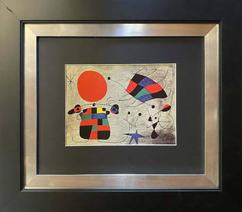 Joan Miro  Color Plate Lithograph from 1968: Joan Miro color plate lithograph on paper Custom framed Approx 24x20 inches. Custom framed and includes certificate