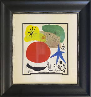 Joan Miro  color plate Lithograph from 1970: Joan Miro color plate lithograph on paper Custom framed Approx 26x22 inches. Custom framed and includes certificate