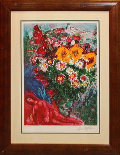 Marc Chagall Les Soucis Lithograph: Marc Chagall Les Soucis Limited Edition Lithograph 26 x 34 approx inches. Includes certificate of authenticity The signature is in the plate. custom framed.