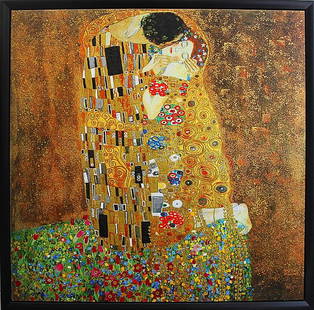 The Kiss After Gustav Klimt. Image size 32x32. Canvas: Gustav Klimt The Kiss - Canvas 32x32. Limited edition ink on archival canvas. Edition of 25. Includes Certificate of Authenticity. Custom framed. The signature is in the plate. Custom framed and