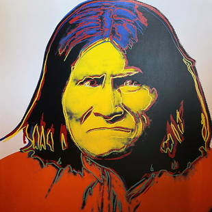 Andy Warhol Original Serigraph Trial Artist Proof 1986 Geronimo Cowboys and Indians Suite: Andy Warhol AP Original Silkscreen Serigraph Trial Proof approx 38x38 inches and includes documentation and official stamps from Andy Warhol and his publisher 1986