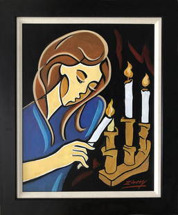Shabbat by Zinovy Shersher Mixed media original on canvas: Mixed media on canvas by Zinovy Shersher. Hand signed by the artist. Approx 40x28 inches image size. Custom framed and includes certificate.