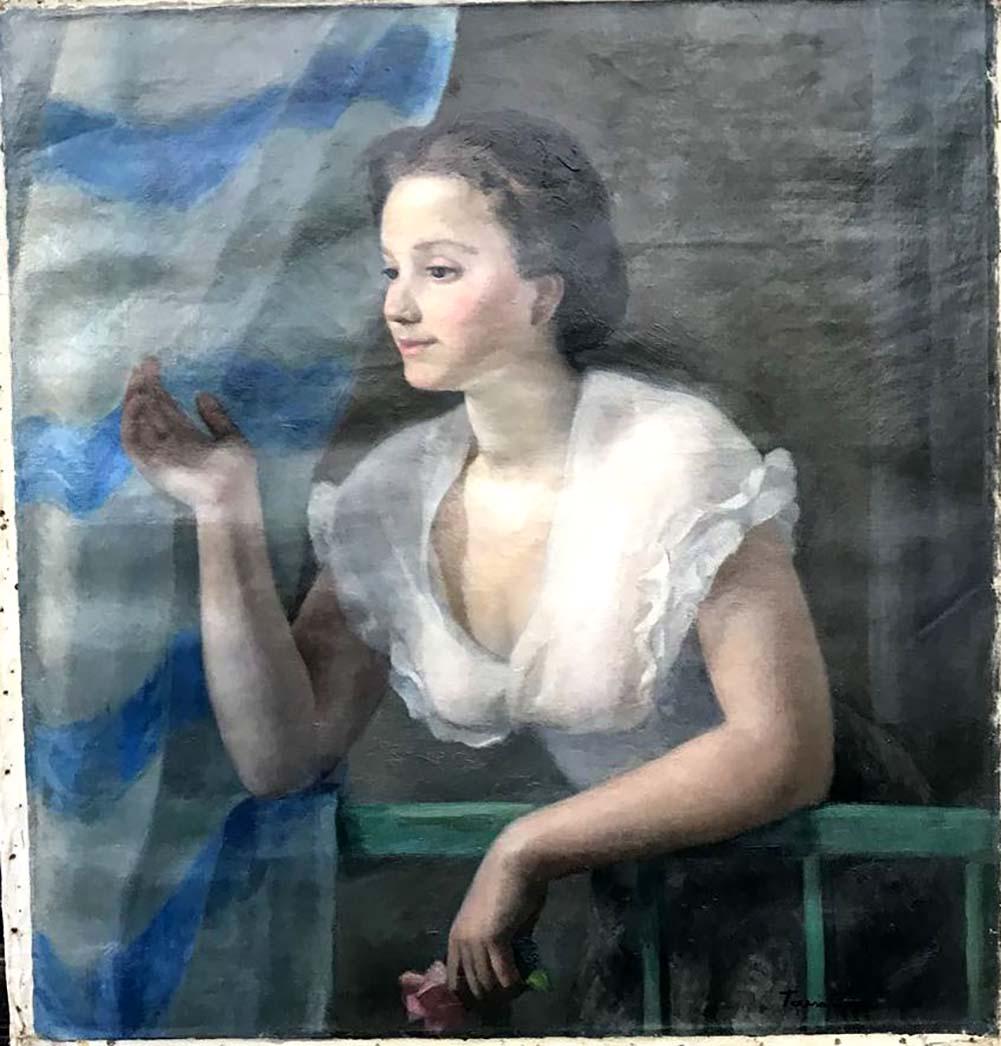 Lady with Blue and White Curtain original oil on canvas Old European original oil M. Hatlee artist (1 of 1)