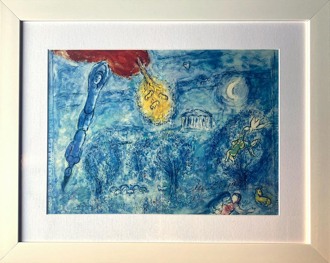 Marc Chagall Lithograph Hand signed: Marc Chagall Hand signed Lithograph. from 1977 Approx 24x28 inches. Professionally framed. Includes certificate of authenticity.