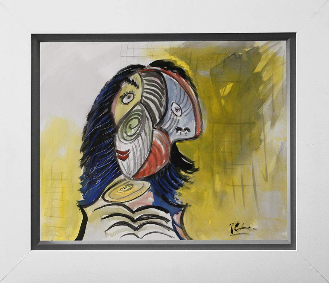 Original on paper in the manner of Pablo Picasso: Original in the manner of Pablo Picasso on canvas. One of a kind original. Hand signed Approx 30x24 inches Custom framed and includes documentation