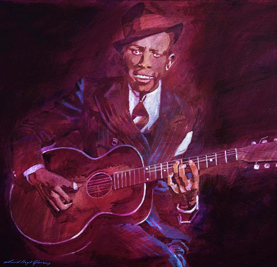 Robert Johnson by David Lloyd Glover Limited Edition on canvas: Robert Johnson Limited Edition David Lloyd Glover Mixed media on canvas by David Lloyd Glover One of a kind. Hand signed by the artist. On canvas Approx image size 18x24 inches Custom framed and inclu