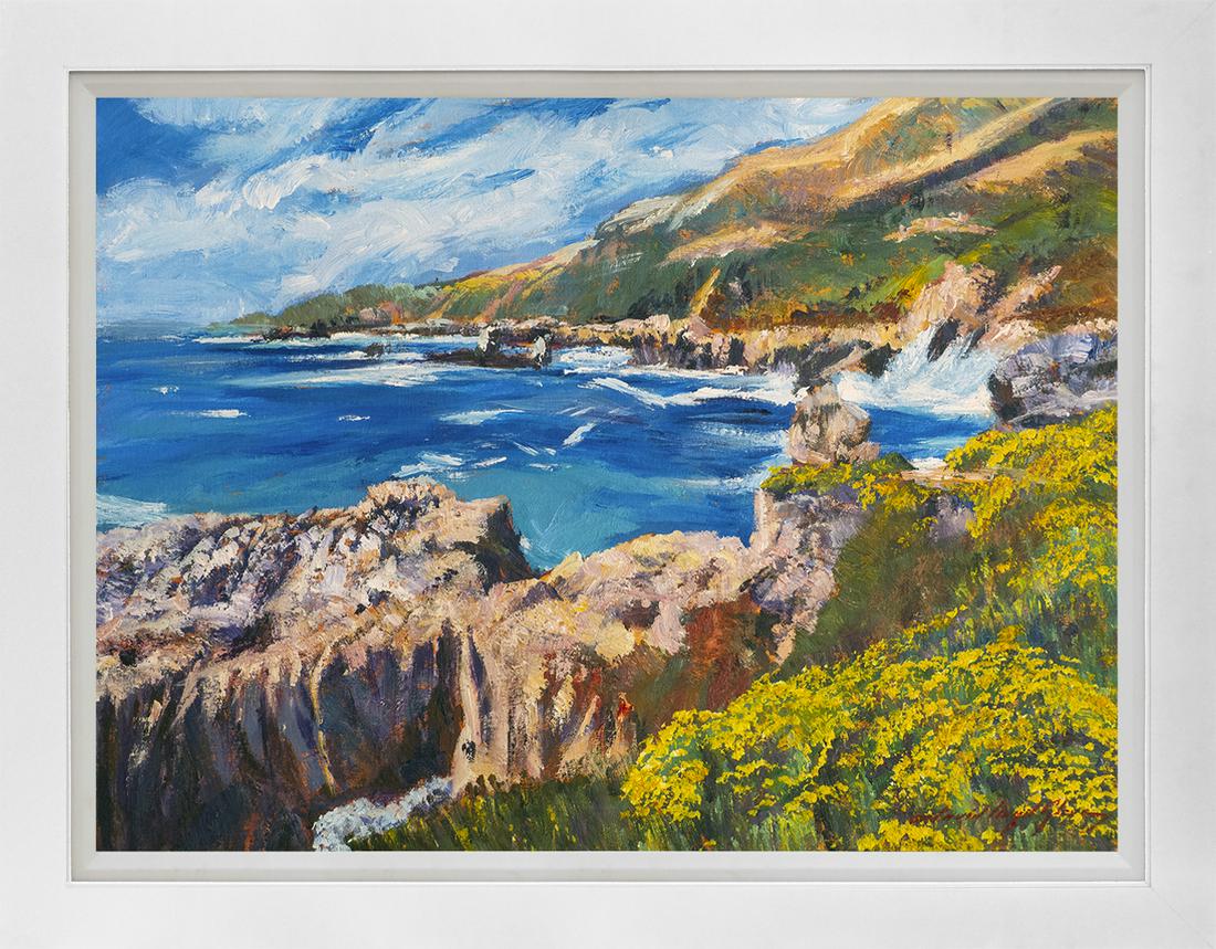 California Coast Highway Mixed Media original on canvas David Lloyd Glover: California Coast Highway Mixed Media original on canvas David Lloyd Glover Mixed media original by David Lloyd Glover Hand signed by the artist. On canvas Approx 18x24 inches image size Custom framed