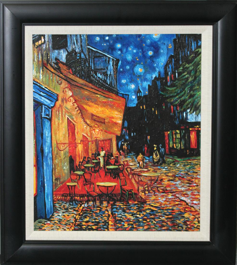 A Terrace Cafe After Vincent Van Gogh on canvas Hand embellished: After Vincent Van Gogh Terrace Cafe. Approx 26x34 inches. Limited Edition hand embellished acrylic on canvas. The signature is in the plate. Includes Certificate of Authenticity.