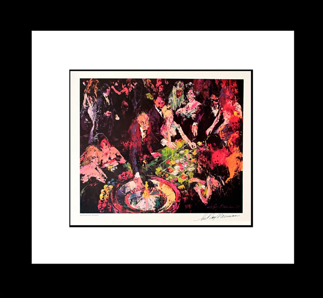A Le Roy Neiman Roulette Lithograph Hand Signed: Roulette Le Roy Neiman Lithograph Hand signed by the artist. Limited Edition Custom Framed. Includes Certificate of authenticity Approx 30x40 inches.
