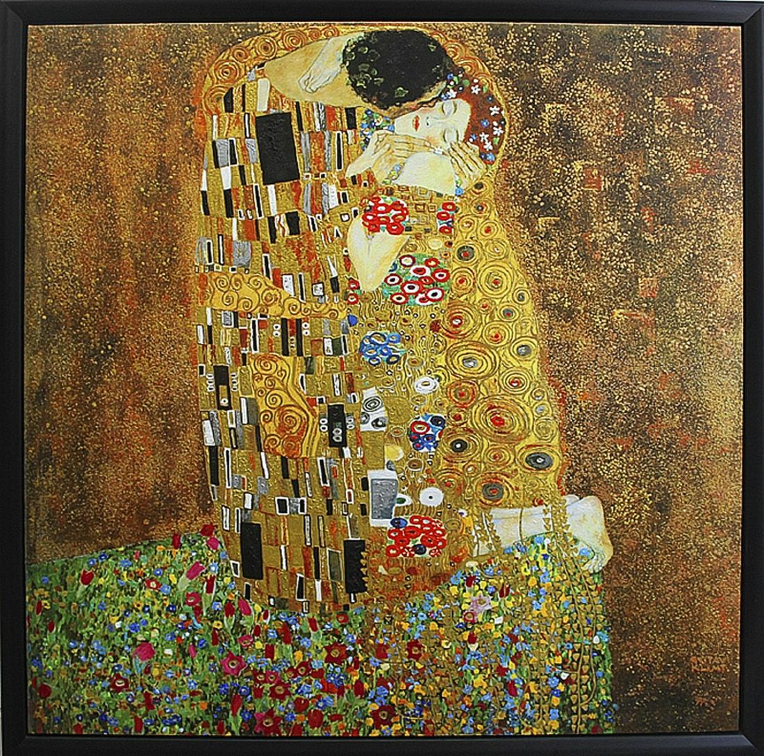 The Kiss After Gustav Klimt. Image size 32x32. on Canvas: Gustav Klimt The Kiss - Canvas 32x32. Limited edition ink on archival canvas. Edition of 25. Includes Certificate of Authenticity. Custom framed. The signature is in the plate. Custom framed and inclu