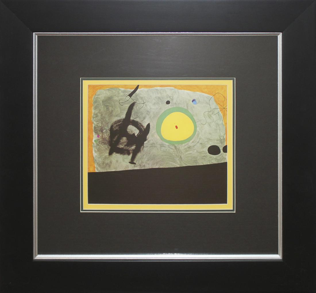 Joan Miro color plate Lithograph after Miro: Color Plate Lithograph after Joan Miro Printed in 1968 by Mourlot Press. Custom framed Includes certificate of authenticity. Approx 24x20 inches.