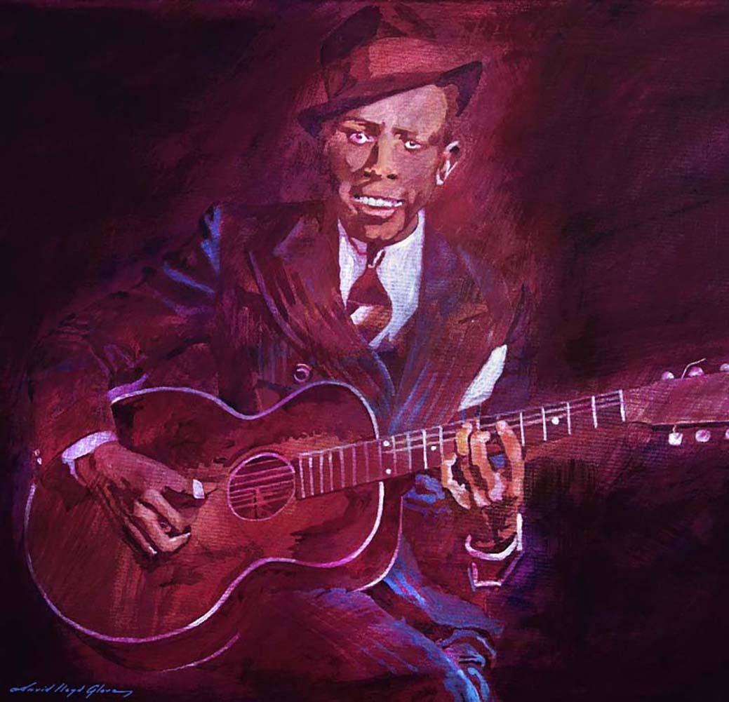 Robert Johnson by David Lloyd Glover Limited Edition on canvas: Robert Johnson Limited Edition David Lloyd Glover Mixed media on canvas by David Lloyd Glover One of a kind. Hand signed by the artist. On canvas Approx image size 18x24 inches Custom framed and inclu