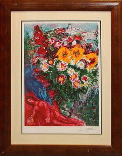 Marc Chagall Les Soucis Lithograph after Chagall: Marc Chagall Les Soucis Limited Edition Lithograph after Marc Chagall 26 x 34 approx inches. Includes certificate of authenticity The signature is in the plate. custom framed.